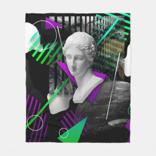Contemporary art collage with plaster head statue fleece blanket