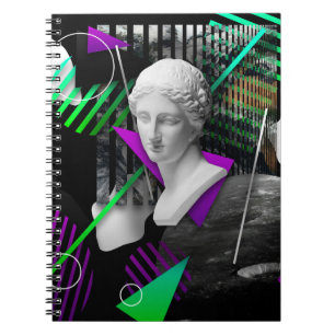 Contemporary art collage with plaster head statue notebook
