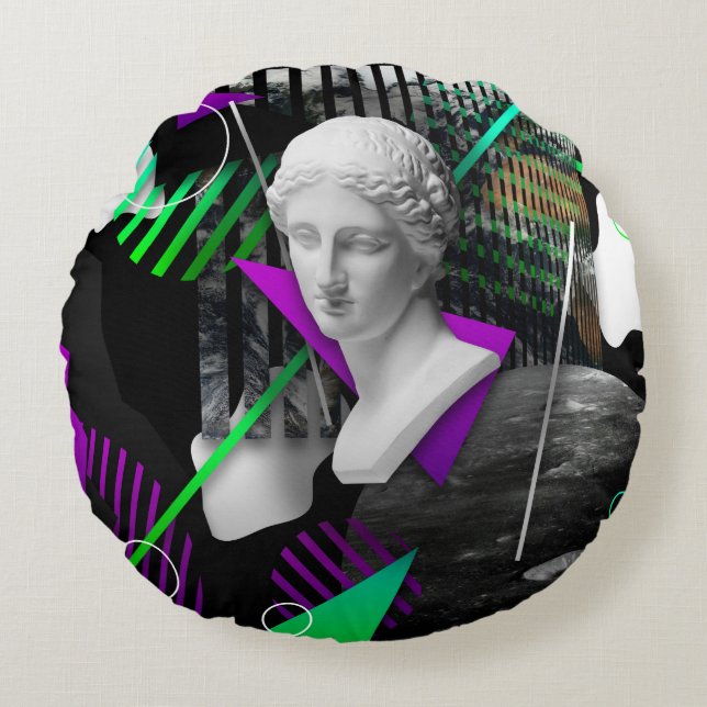 Contemporary art collage with plaster head statue  round cushion (Front)