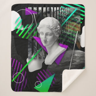 Contemporary art collage with plaster head statue  sherpa blanket