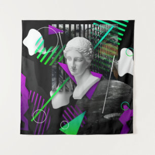 Contemporary art collage with plaster head statue tapestry