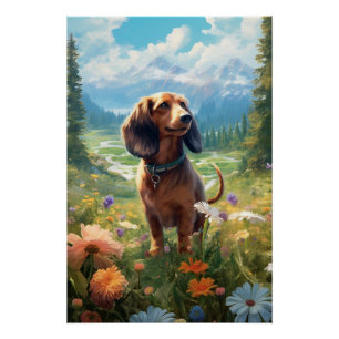 Contemporary Art Dachshund With Blooming Flowers Poster