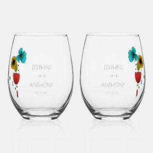 Contemporary Art Noveau Floral Wedding Stemless Wine Glass