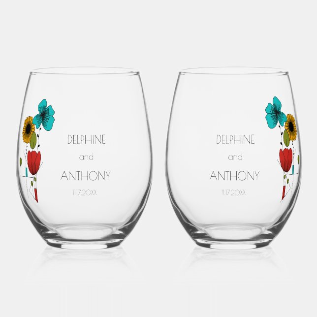 Contemporary Art Noveau Floral Wedding Stemless Wine Glass (Front)