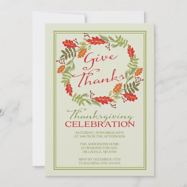 Contemporary Autumn Wreath Thanksgiving Dinner Invitation (Front)