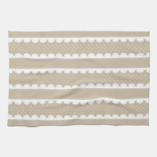 Contemporary Beige White Lace Stripes Pattern Tea Towel