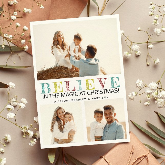 Contemporary 'BELIEVE' Christmas Photo Holiday Card (Creator Uploaded)