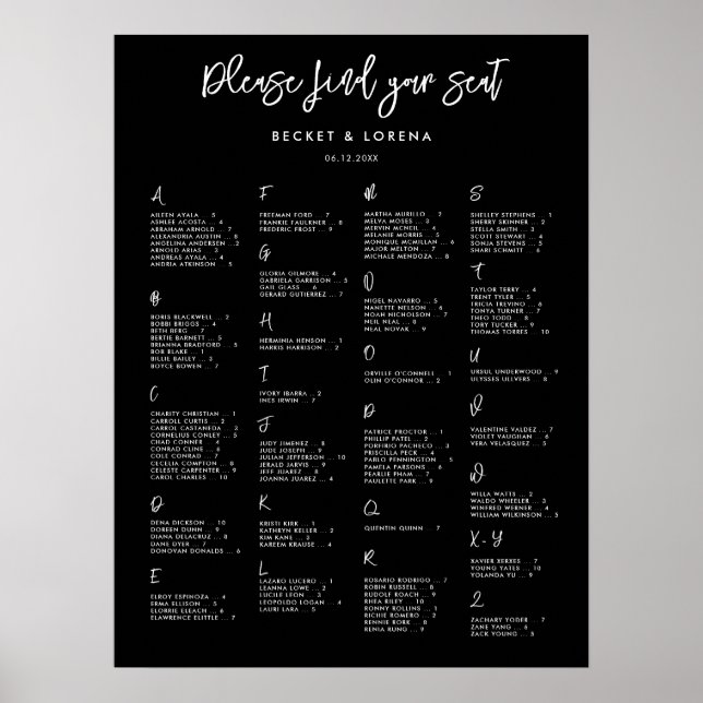 Contemporary black Alphabetical seating chart (Front)