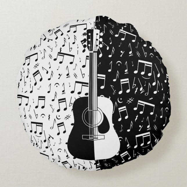 Contemporary black and white guitar music notes round cushion (Back)