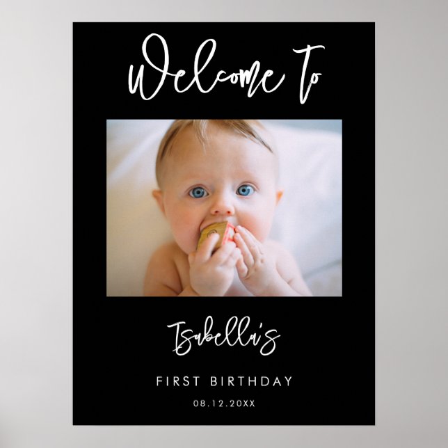 Contemporary black Birthday welcome photo sign (Front)