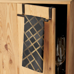 Contemporary Black Gold Geometric Abstract Pattern Tea Towel