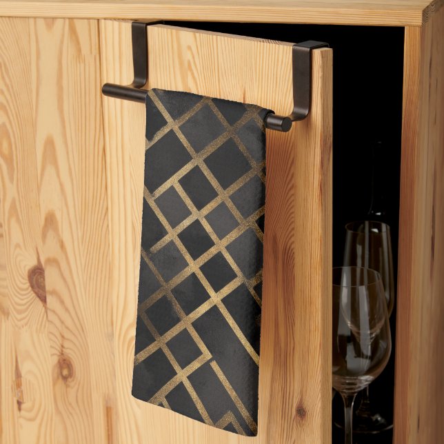 Contemporary Black Gold Geometric Abstract Pattern Tea Towel (Thirds Fold)