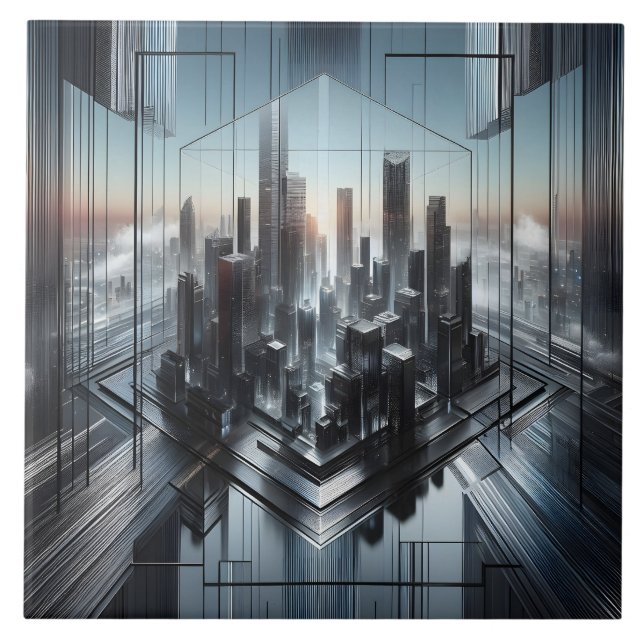 Contemporary Black Grey Metallic Futuristic City  Ceramic Tile (Front)