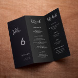 Contemporary Black Menu & Table number trifold<br><div class="desc">Trifold wedding menu & table number: all in one, just fold the paper sheet in 3 to get your standing menu. A bold and trendy typography for your wedding stationery, simple yet elegant with a black and white theme. Fully customisable: you can change the colours of the font and background...</div>