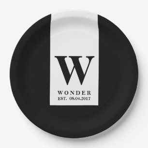 Contemporary Black Monogram   Minimalist Wedding Paper Plate