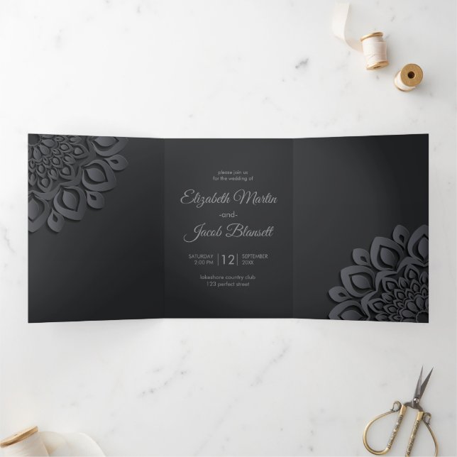 Contemporary Black Papercut Mandala Wedding Tri-Fold Invitation (Inside)