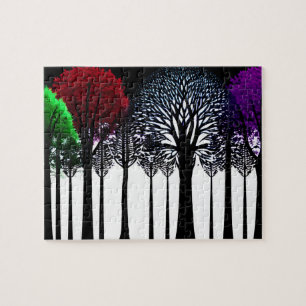 Contemporary Black Silhouette Forest with Colour Jigsaw Puzzle