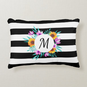 Contemporary Black Stripes Floral Initial Decorative Cushion