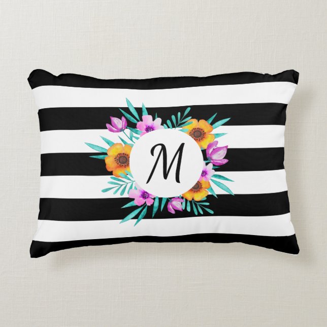 Contemporary Black Stripes Floral Initial Decorative Cushion (Front)