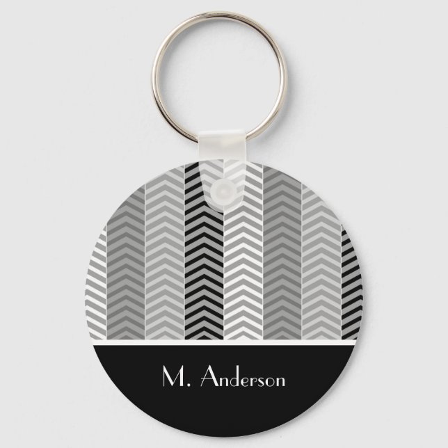 Contemporary Black White Chevron Stripes and Name Key Ring (Front)