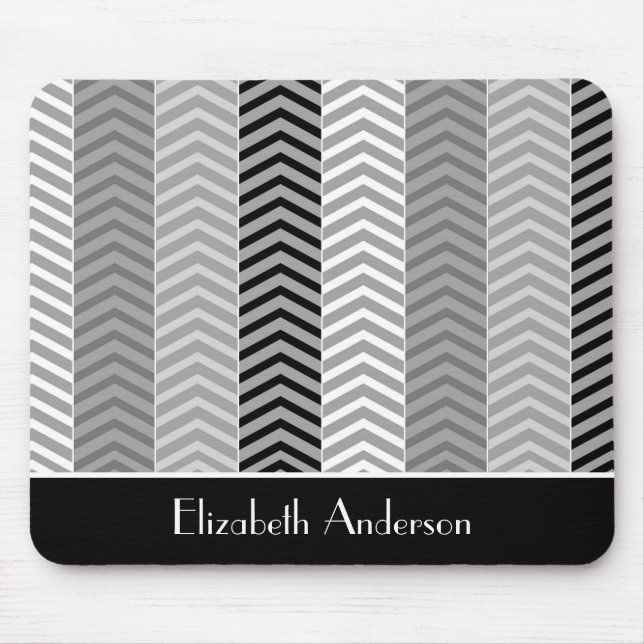 Contemporary Black White Chevron Stripes and Name Mouse Pad (Front)