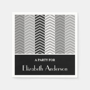 Contemporary Black White Chevron Stripes and Name Napkin