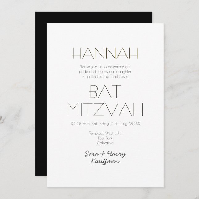 Contemporary Black White Gold BAT MITZVAH Classic Invitation (Front/Back)