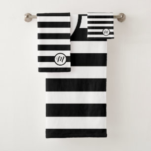 Contemporary Black White Stripes Monogram Bath Towel Set