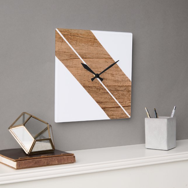 Contemporary Block Stripes On Faux Wooden Square Wall Clock (Office)