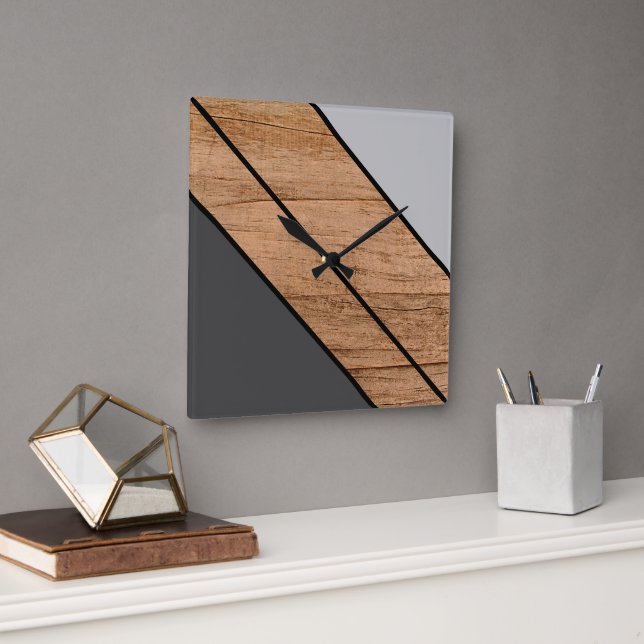 Contemporary Block Stripes On Faux Woodgrain Square Wall Clock (Office)