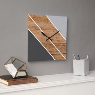 Contemporary Block Stripes On Faux Woodgrain Square Wall Clock