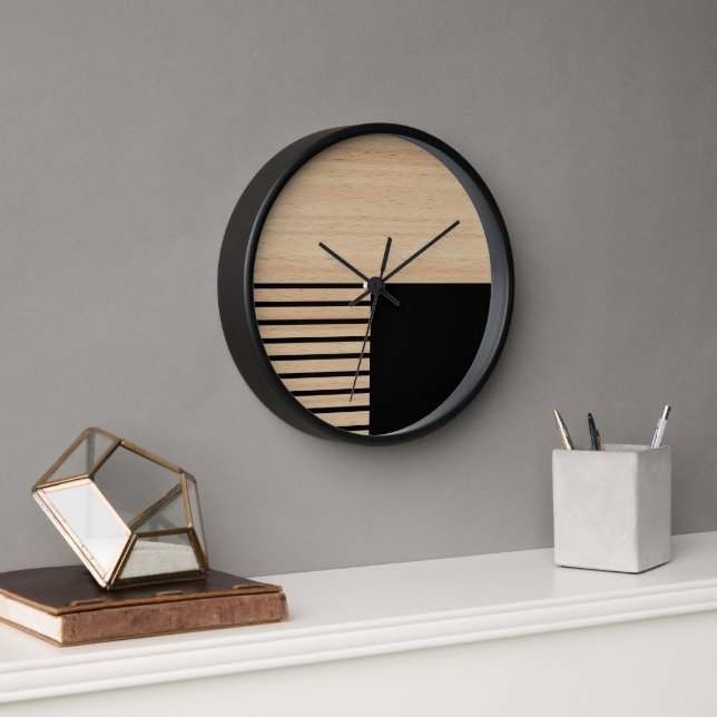 Contemporary Block Stripes Pattern On Faux Wooden Clock (Office)