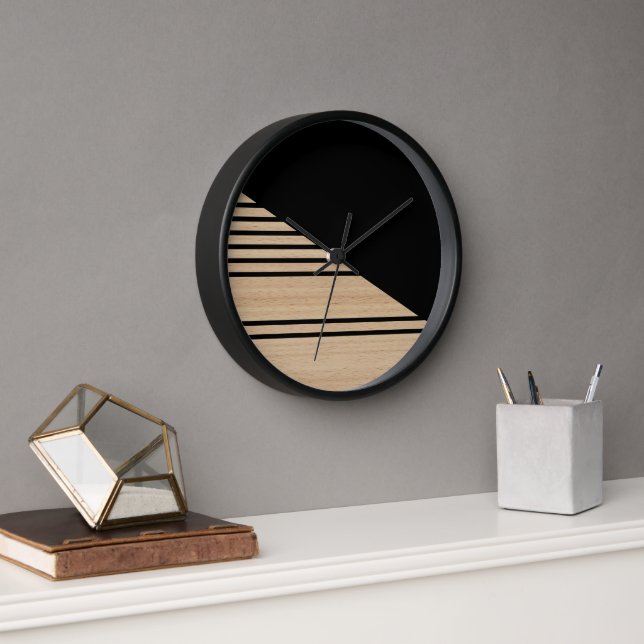 Contemporary Block Stripes Pattern On Faux Wooden Clock (Office)