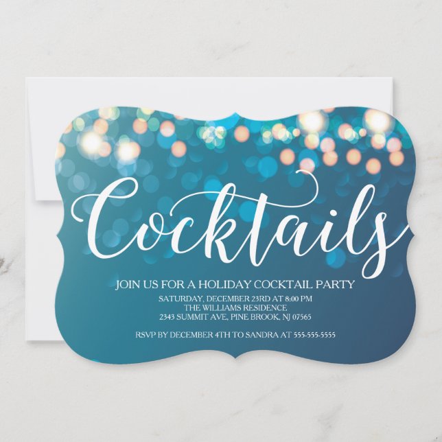 Contemporary Blue Bokeh Cocktail Party Invitation (Front)