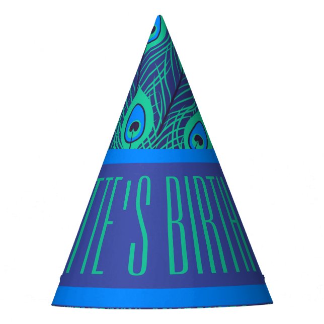 CONTEMPORARY BLUE GREEN PEACOCK FEATHERS PATTERN PARTY HAT (Front)