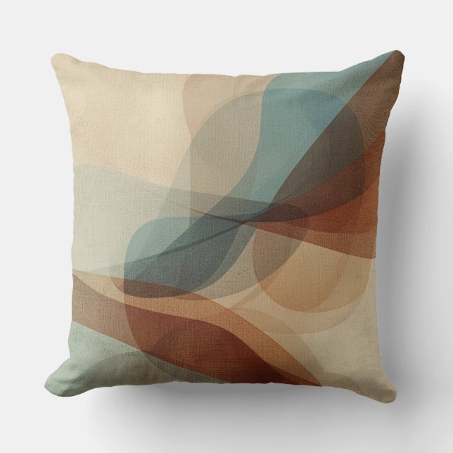 Contemporary Blue Rusty Brown Beige Abstract Print Cushion (Front)