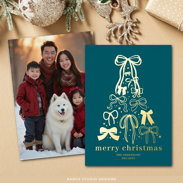 Contemporary Bow Blue Christmas Photo Foil Card (Front and back of card shown in 5x7 inches. Personalize and choose corner style and foil color.)