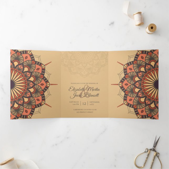Contemporary Brown Peach Mandala Wedding Tri-Fold Invitation (Inside)