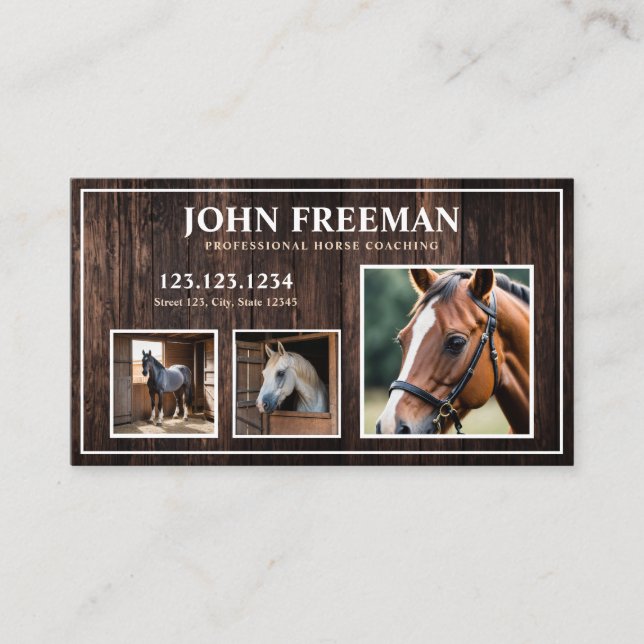 Contemporary Brown Wood Horse Photo Equine Business Card (Front)