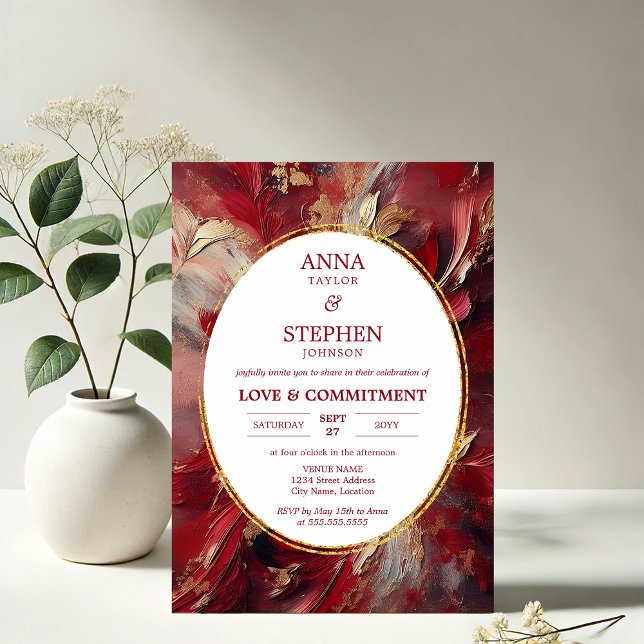 Contemporary Burgundy Elegance Commitment Ceremony Invitation (Contemporary Elegance in Burgundy brushstroke Commitment Ceremony invitation front in situ)