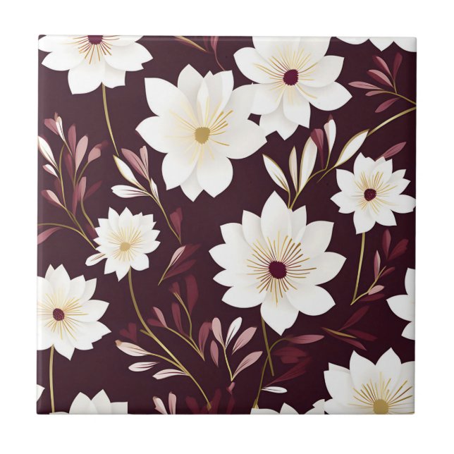 Contemporary Burgundy Floral Botanical Ceramic Tile (Front)