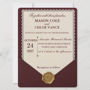 Contemporary Burgundy Wax Seal Lace Trim Wedding I Invitation
