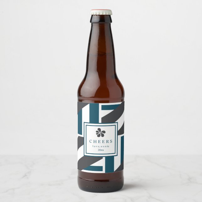 Contemporary Charcoal and Teal Stripes Beer Bottle Label (Front)