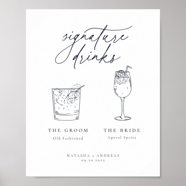 Contemporary Chic Minimalist Navy Signature Drinks Poster (Front)