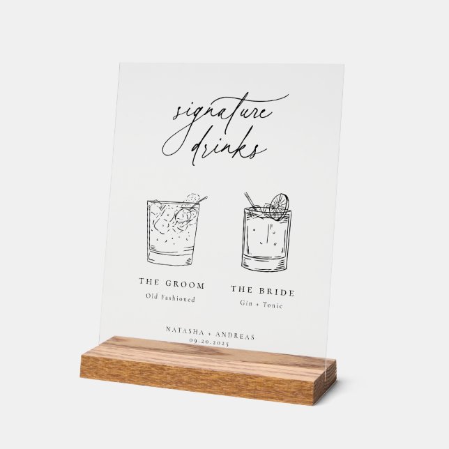 Contemporary Chic Minimalist Signature Drinks Acrylic Sign (Angle)