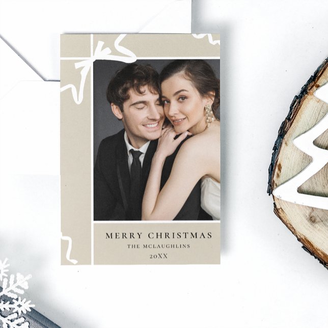 Contemporary Christmas Gift Bow Photo Holiday (Couple Holiday Contemporary card, neutral with white bow detail.)
