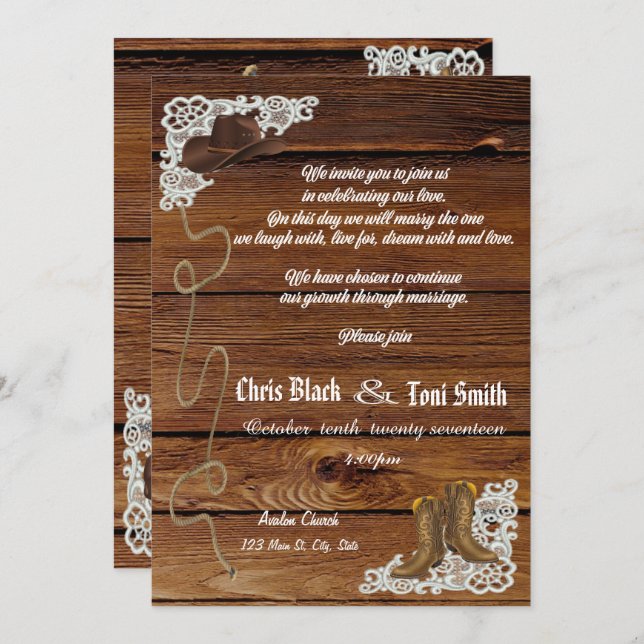Contemporary Country Boots & Lace Wedding Invite (Front/Back)