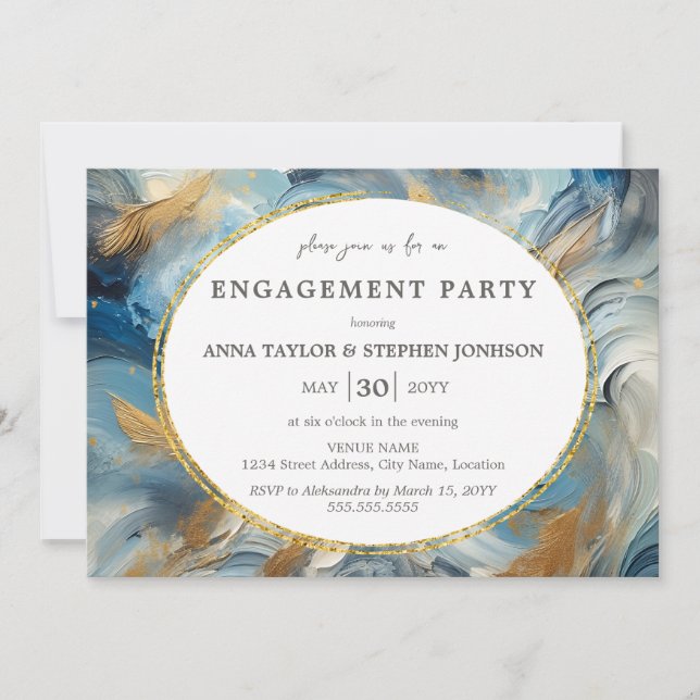 Contemporary Elegance: Blue White Gold Engagement Invitation (Front)