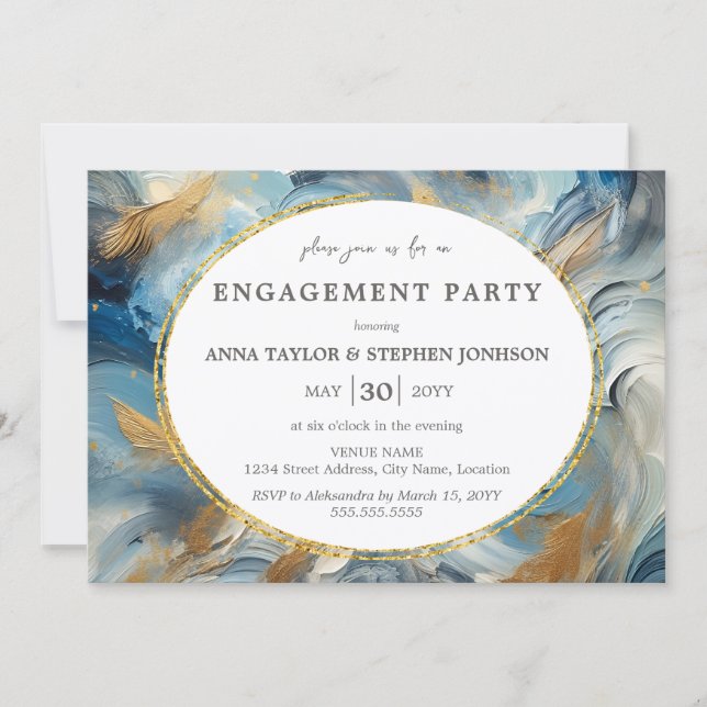 Contemporary Elegance: Blue White Gold Engagement Invitation (Front)
