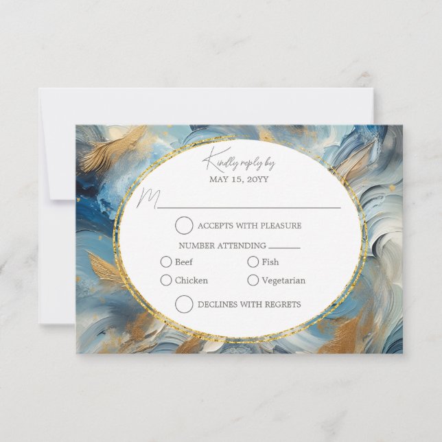 Contemporary Elegance: Blue White Gold RSVP (Front)
